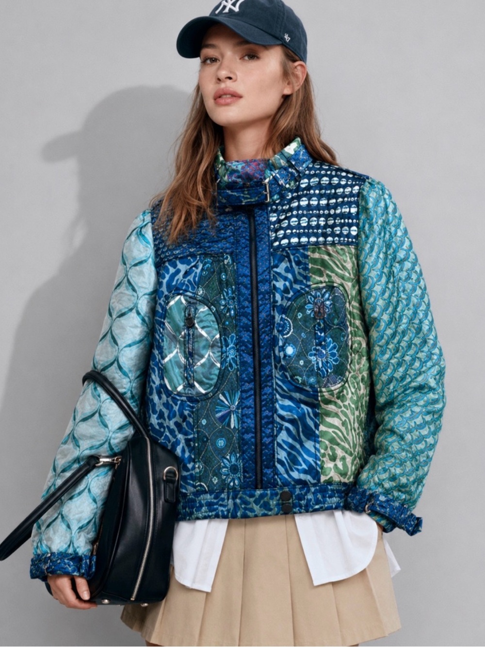 DESIGUAL Metallic Jacquard Patchwork Quilted Bomber Jacket Size 44/XL